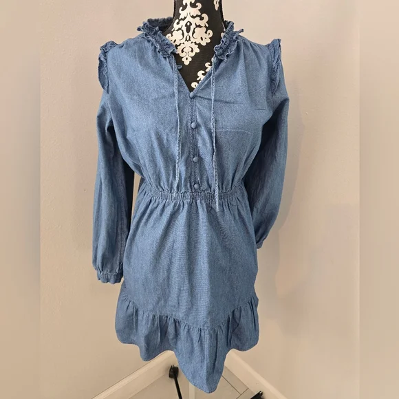 Lauren Conrad Blue Chambray Ruffled Long Sleeve Dress Size L - Picture 2 of 12